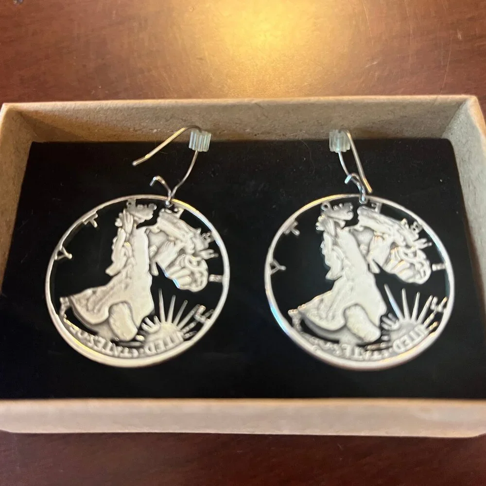 Walking Liberty Silver Coin Cutout Earrings 1943 - Picture 6 of 7